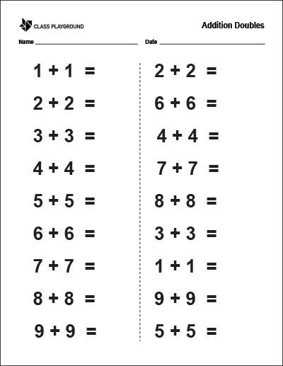 Printable Addition Doubles Worksheet Class Playground