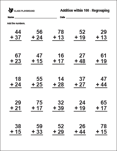 Addition Worksheets 100 Problems Worksheets For Kindergarten