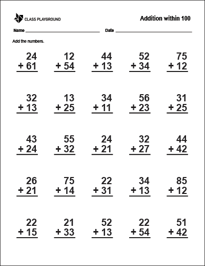 Printable Addition Within 100 Worksheet