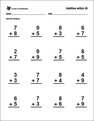 Printable Addition Within 20 Worksheet