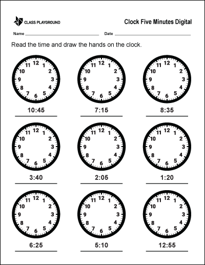 Clock Five Minute Digital to Analog Worksheet
