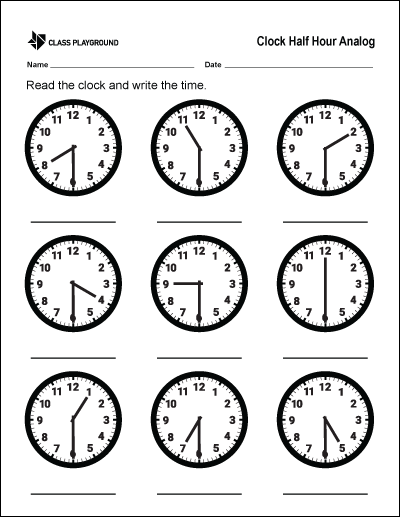 Printable Clock Half Hour Analog - Class Playground