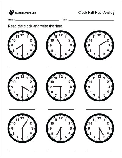 Printable Clock Half Hour Analog Class Playground Printable Clock 