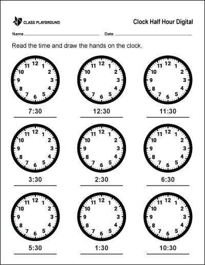 Clock Half Hour Digital to Analog Worksheet