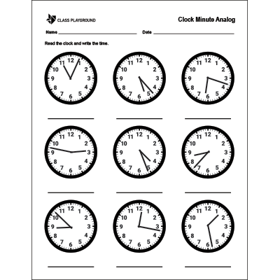Printable Clock Minute Analog Worksheet - Class Playground