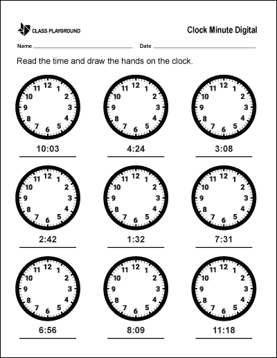 Clock Minute Digital to Analog Worksheet