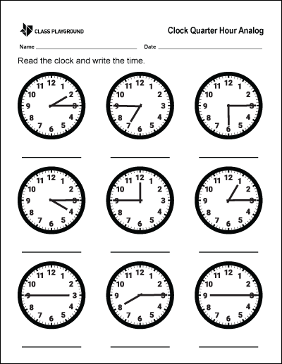 printable clock quarter hour analog class playground