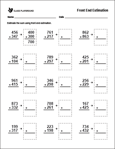 Printable Front End Estimation Worksheet Class Playground