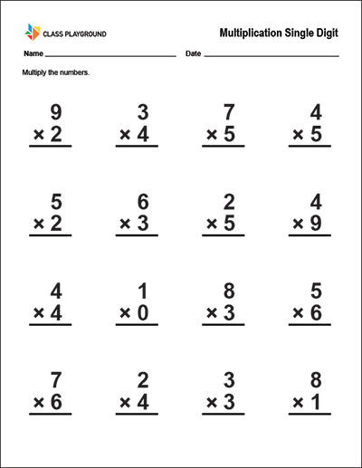 Printable Multiplication Single Digit Worksheet Class Playground