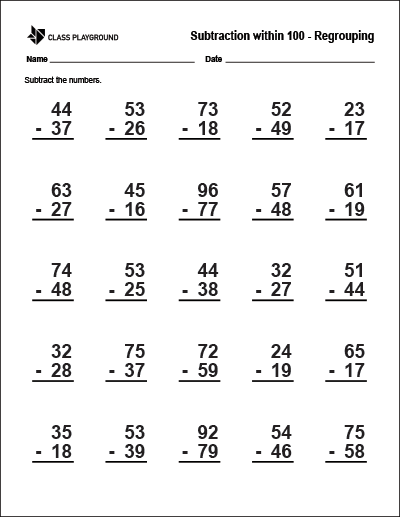 Printable Subtraction Within 100 With Regrouping Worksheet