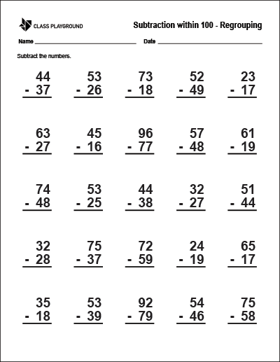 Printable Subtraction Within 100 With Regrouping Worksheet - Class  Playground