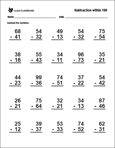 Printable Subtraction Within 100 Worksheet Class Playground