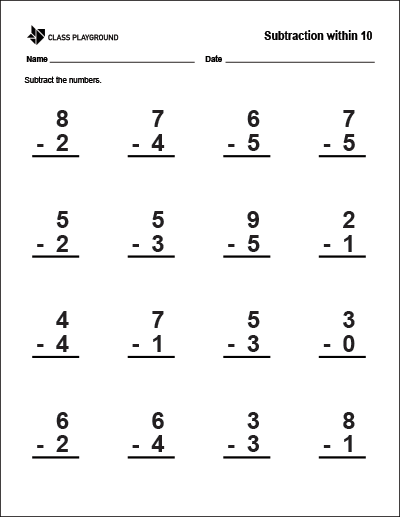 Printable Subtraction Within 10 Worksheet