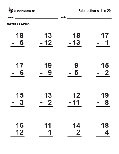 Printable Subtraction Within 20 Worksheet Class Playground