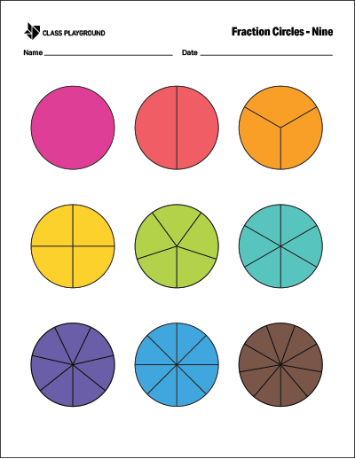 printable fraction circles nine color