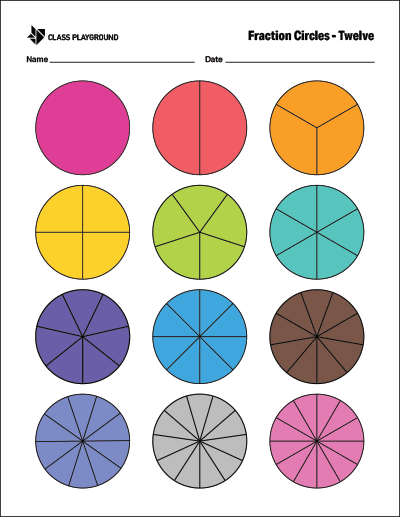 printable fraction circles twelve color