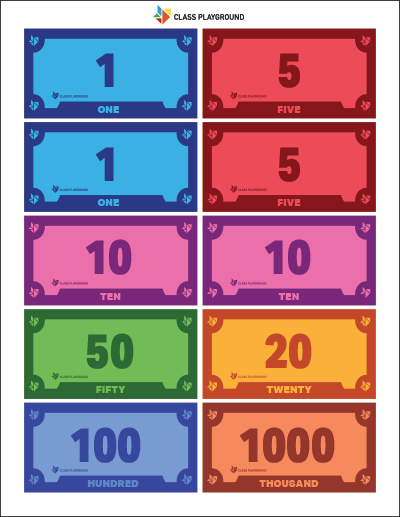 Printable Play Money 1 to 1000 Class Playground