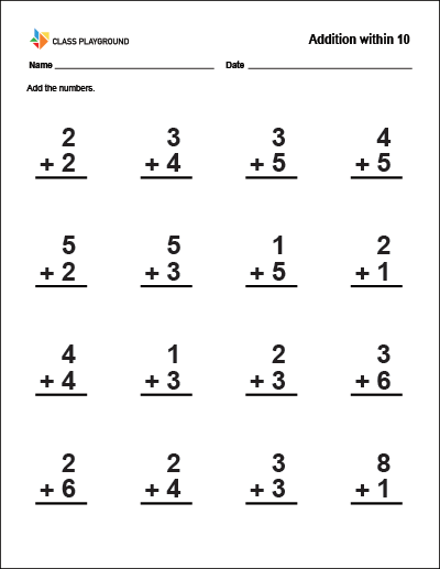 Printable Addition Within 10 Worksheet